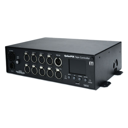 QolorPIX 5850 Tape Controller left front three-quarter view showing eight output ports and mounting brackets, City Theatrical
