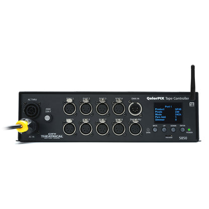 QolorPIX 5850 Tape Controller front panel with eight XLR output ports, powerCON AC in and Multiverse antenna, City Theatrical