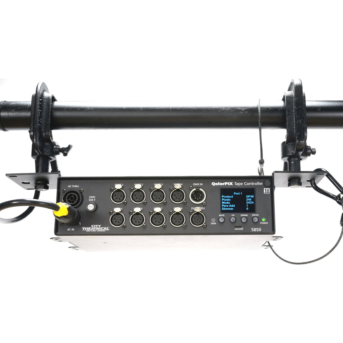 QolorPIX 5850 Tape Controller mounted under a pipe with C-clamps and safety cable, City Theatrical