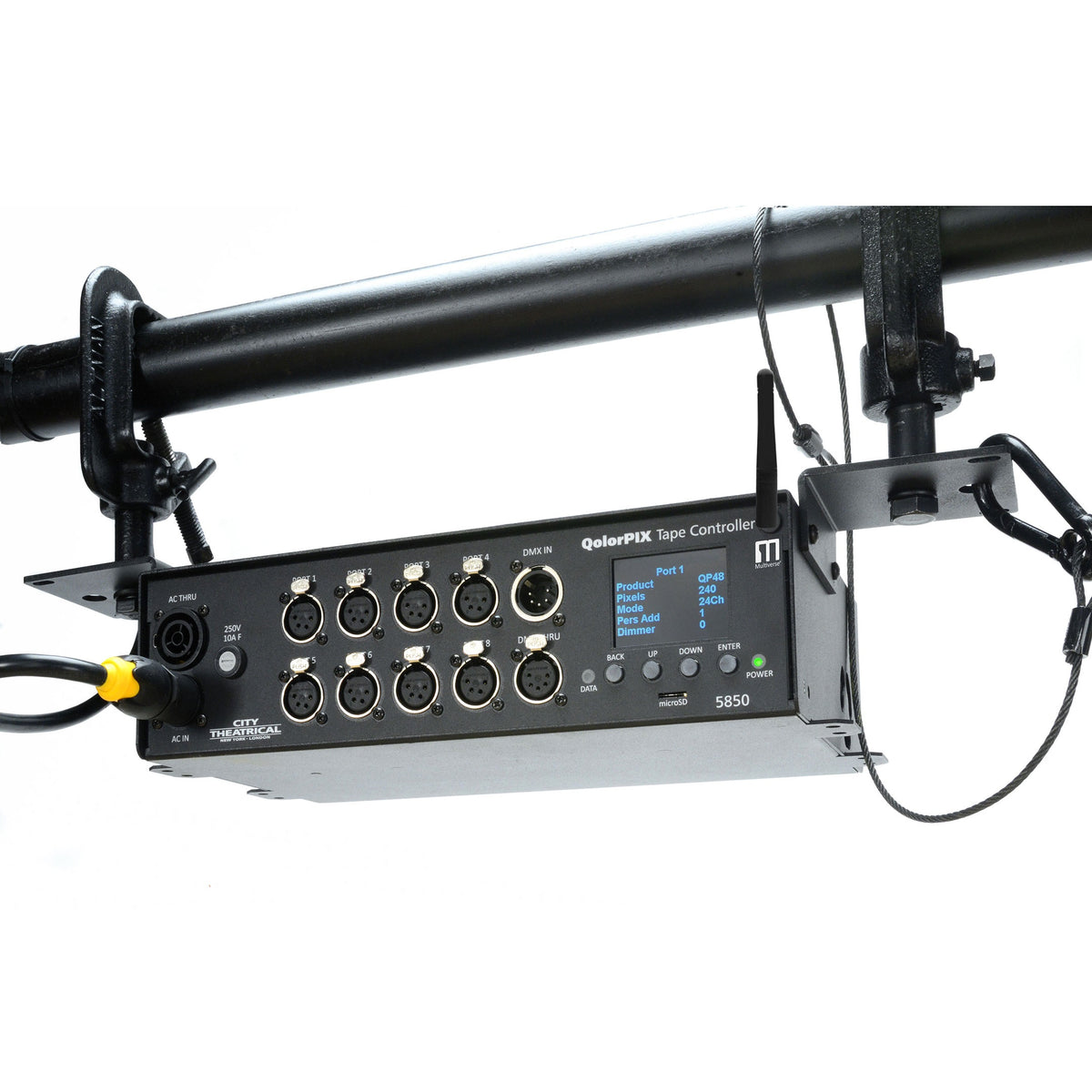 QolorPIX 5850 Tape Controller rigged to lighting pipe at an angle with antenna raised and safety cable attached, City Theatrical