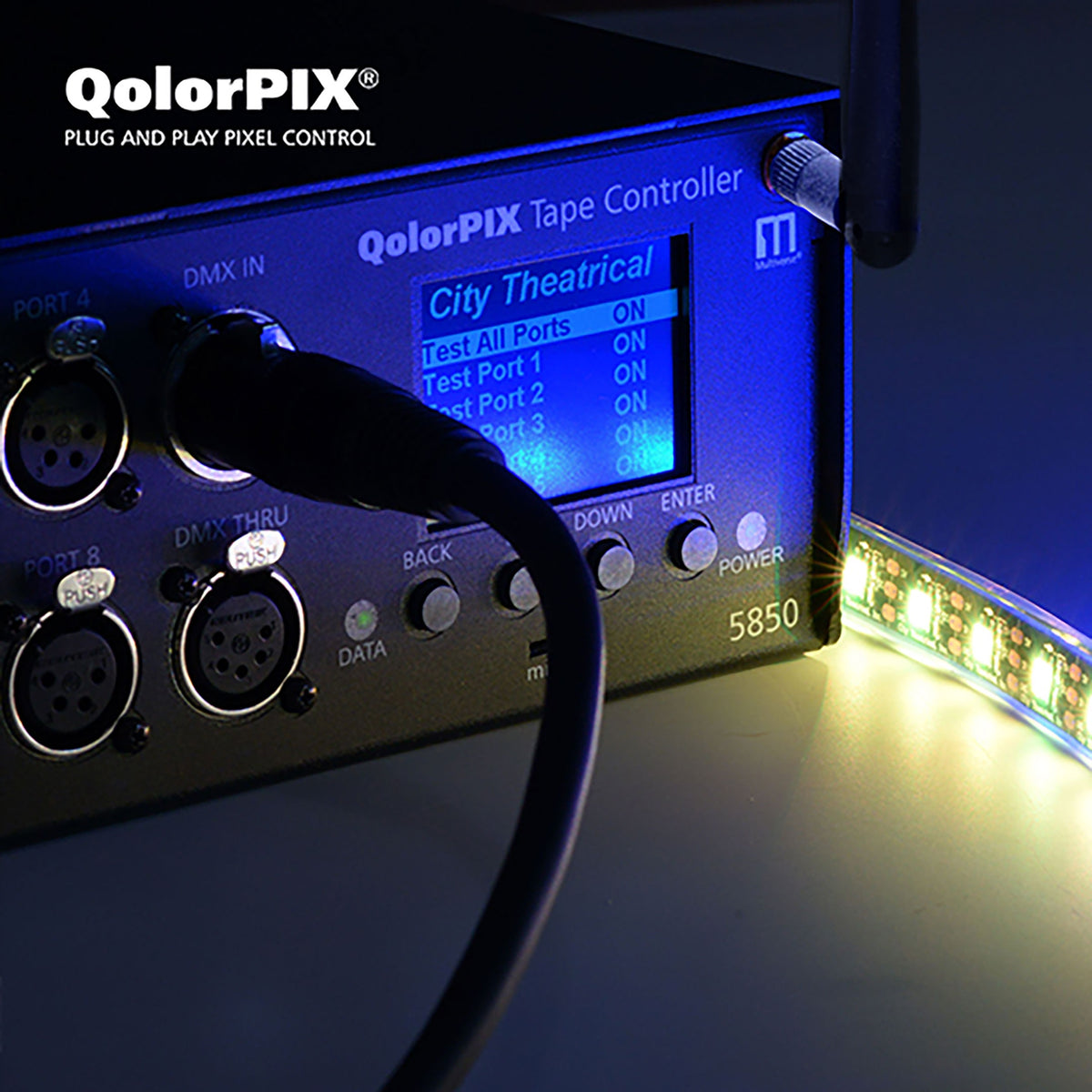 QolorPIX 5850 Tape Controller test menu on screen driving lit RGB LED tape, City Theatrical