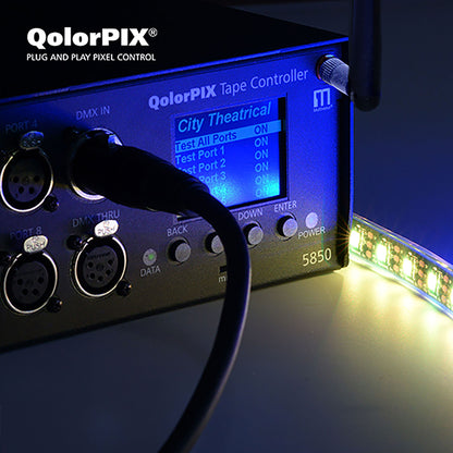 QolorPIX 5850 Tape Controller test menu on screen driving lit RGB LED tape, City Theatrical