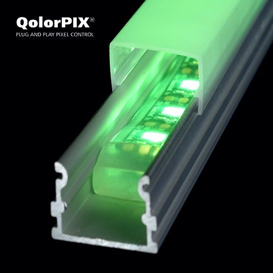 QolorPIX aluminum extrusion and diffuser lit green with pixel tape inside, branded hero shot, City Theatrical