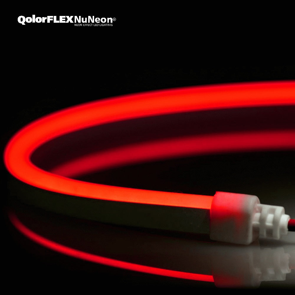 N914-RGB-5 QolorFLEX NuNeon LED strip illuminated red in a curved loop with white end cap and connector lead, City Theatrical