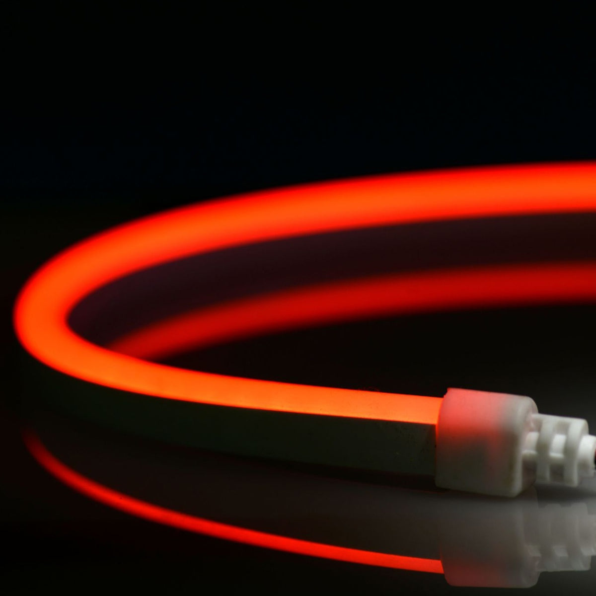 N914-R-10 QolorFLEX NuNeon coiled and illuminated in red with white end cap and strain relief, City Theatrical