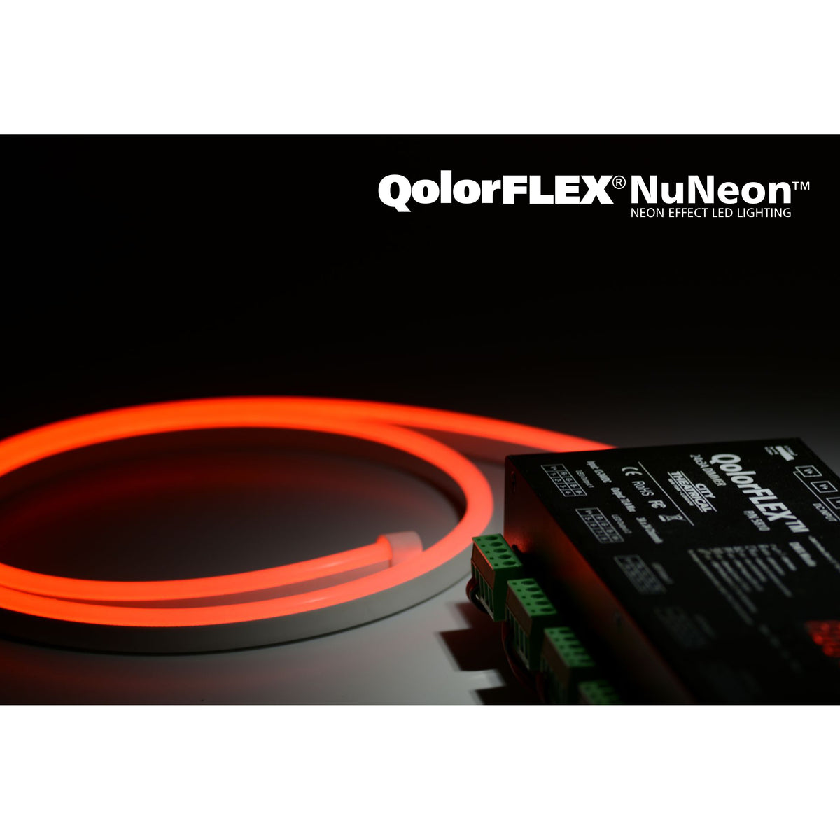 QolorFLEX NuNeon N914-R coiled red LED neon strip shown with QolorFLEX dimmer and green terminal block connectors, City Theatrical