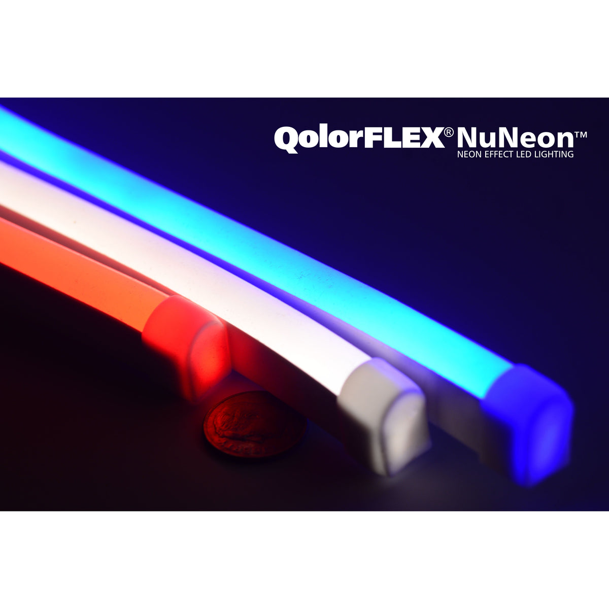 QolorFLEX NuNeon N914-NW sample close-up of three lit strands in red, white and blue with a penny for scale showing end-cap profile, City Theatrical