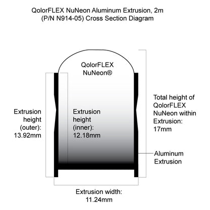 QolorFLEX NuNeon N914-05 extrusion cross section diagram with 11.24mm width and 13.92mm outer height dimensions, City Theatrical