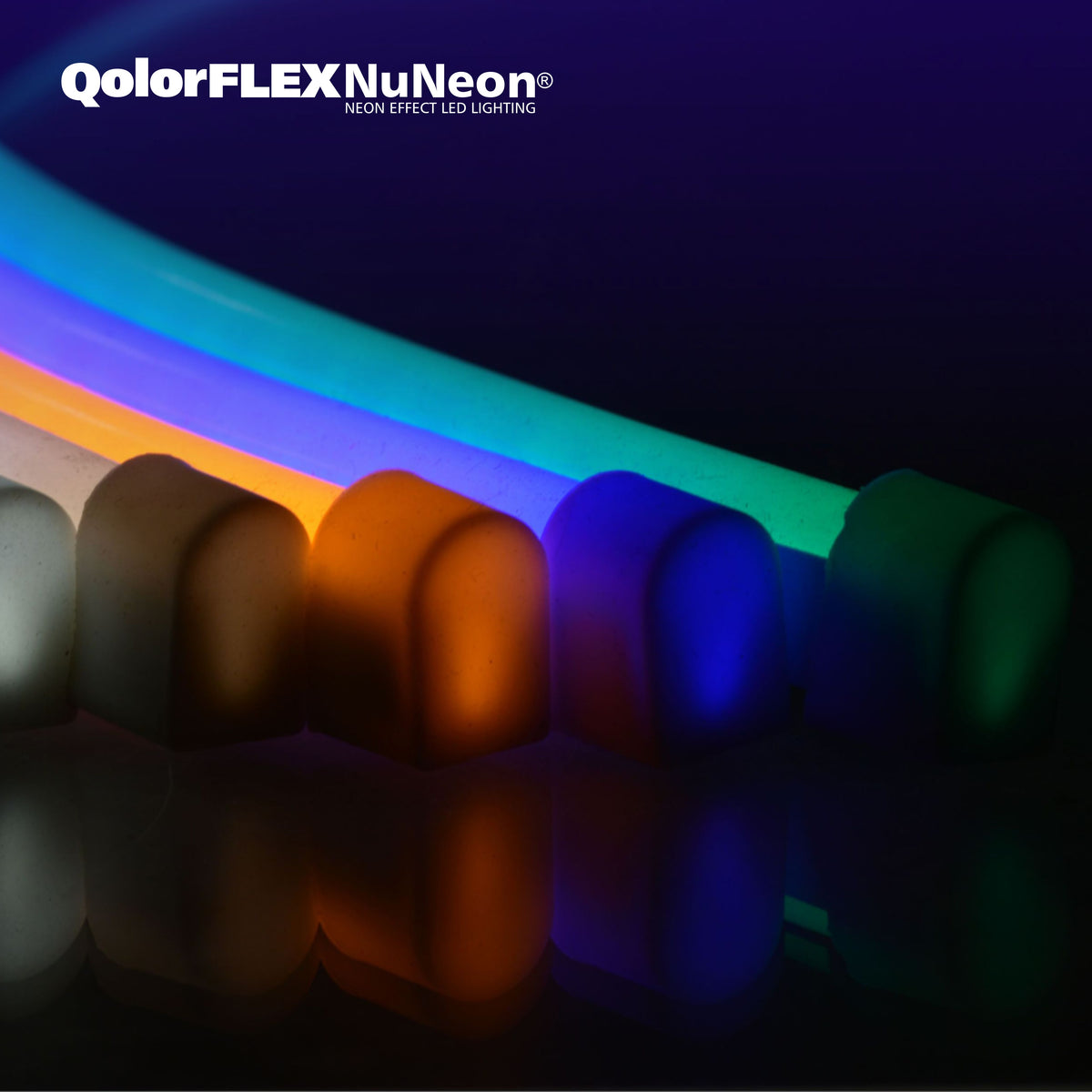 QolorFLEX NuNeon end caps illuminated in white, amber, blue and green beside a lit neon-effect LED tube, City Theatrical