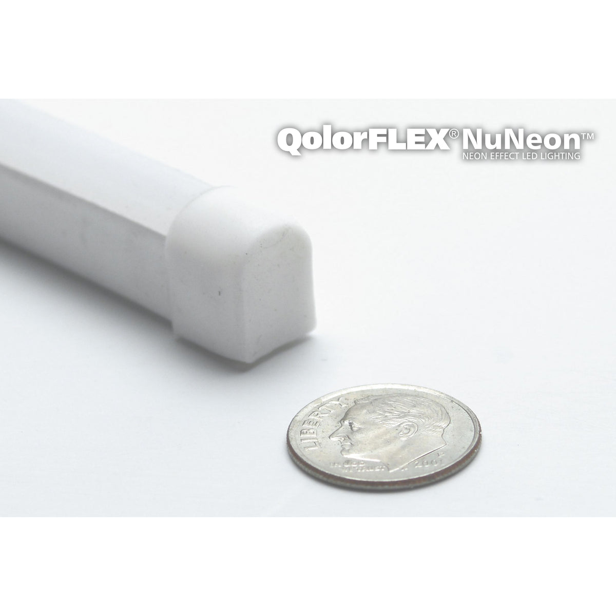 QolorFLEX NuNeon N914-04 unlit end cap detail with dime for scale showing compact silicone profile, City Theatrical