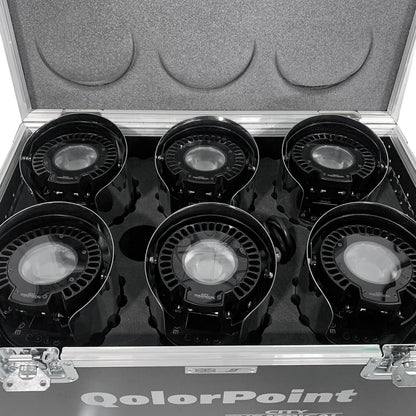 QolorPoint Mark 3 case interior packed with six LED uplights in custom foam cutouts, City Theatrical