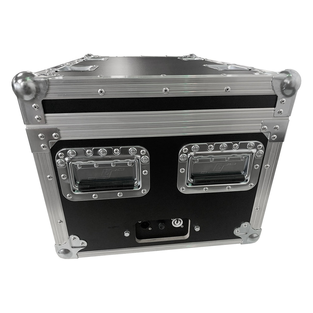 QolorPoint Mark 3 road case side view with spring-loaded handles and charging port panel, City Theatrical