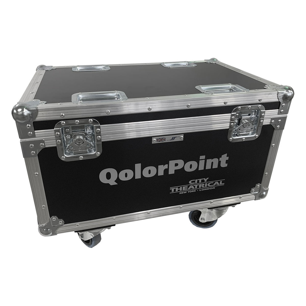QolorPoint Mark 3 road case closed, three-quarter view with butterfly latches and casters, City Theatrical