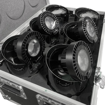 QolorPoint Mark 3 case open showing six battery-powered LED fixtures with control buttons, City Theatrical