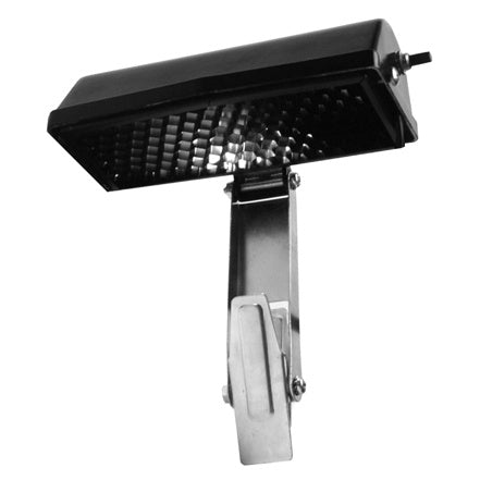 4200 Broadway music stand light angled front view showing black hood with perforated louver grid and adjustable steel clamp bracket, City Theatrical