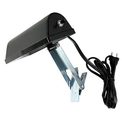 4200 Broadway music stand light side view with toggle switch on housing, zinc-plated mounting bracket and coiled two-prong power cord, City Theatrical