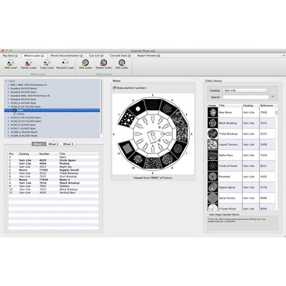 Moving Light Assistant 3660 software screenshot of Wheel Loads window with gobo wheel diagram and Vari-Lite gobo library, City Theatrical