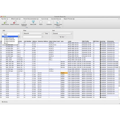 Moving Light Assistant 3660 Rig Data screen listing fixture channels, DMX addresses and lamp profiles, City Theatrical