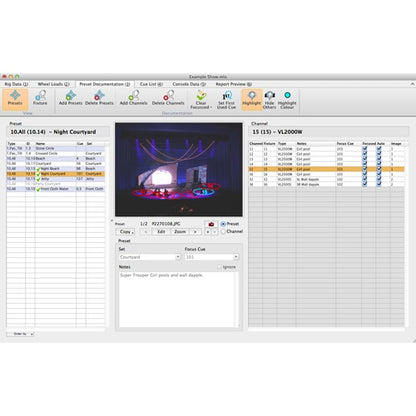 Moving Light Assistant 3660 Preset Documentation view with stage photo, preset list and channel focus notes, City Theatrical