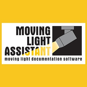 Moving Light Assistant documentation software logo on yellow background with moving head fixture graphic, City Theatrical