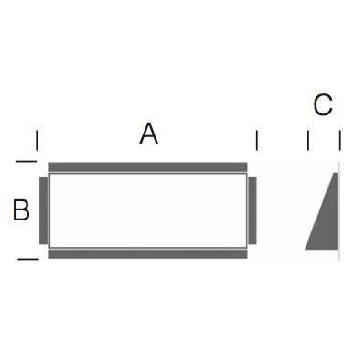 Color Kinetics half top hat dimension diagram with A, B and C measurement callouts for width, height and taper depth, City Theatrical