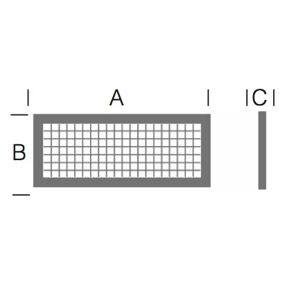 120-000015-03 egg crate louver dimensional spec drawing with A, B and C measurement callouts on rectangular grid frame, City Theatrical