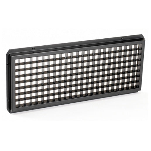 120-000015-04 egg crate louver for ColorBlast fixtures, angled front view showing black rectangular grid cells and steel frame, City Theatrical