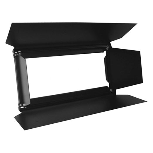 120-000020-04 four-leaf barndoor for ColorBlast fixtures, angled view with black matte leaves open on rectangular frame, City Theatrical