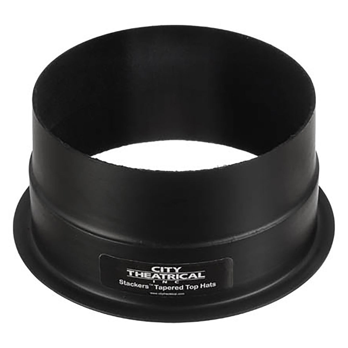 Stackers tapered short top hat angled view showing matte black round barrel, flared mounting flange and product label, City Theatrical
