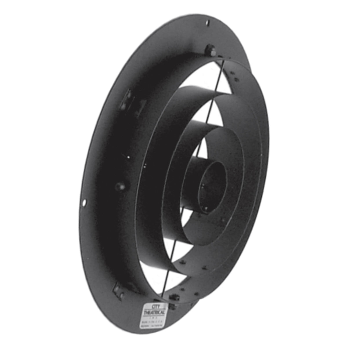 2645 Full Concentric Ring top hat for VL5 angled view showing nested black anodized ring baffles and product label, City Theatrical