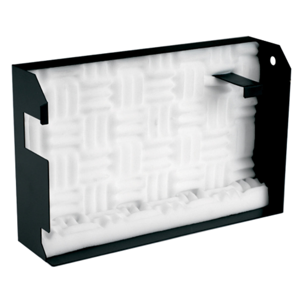 2770 MAC 2000 sound baffle three-quarter view showing black steel frame packed with white acoustic foam and mounting tab, City Theatrical