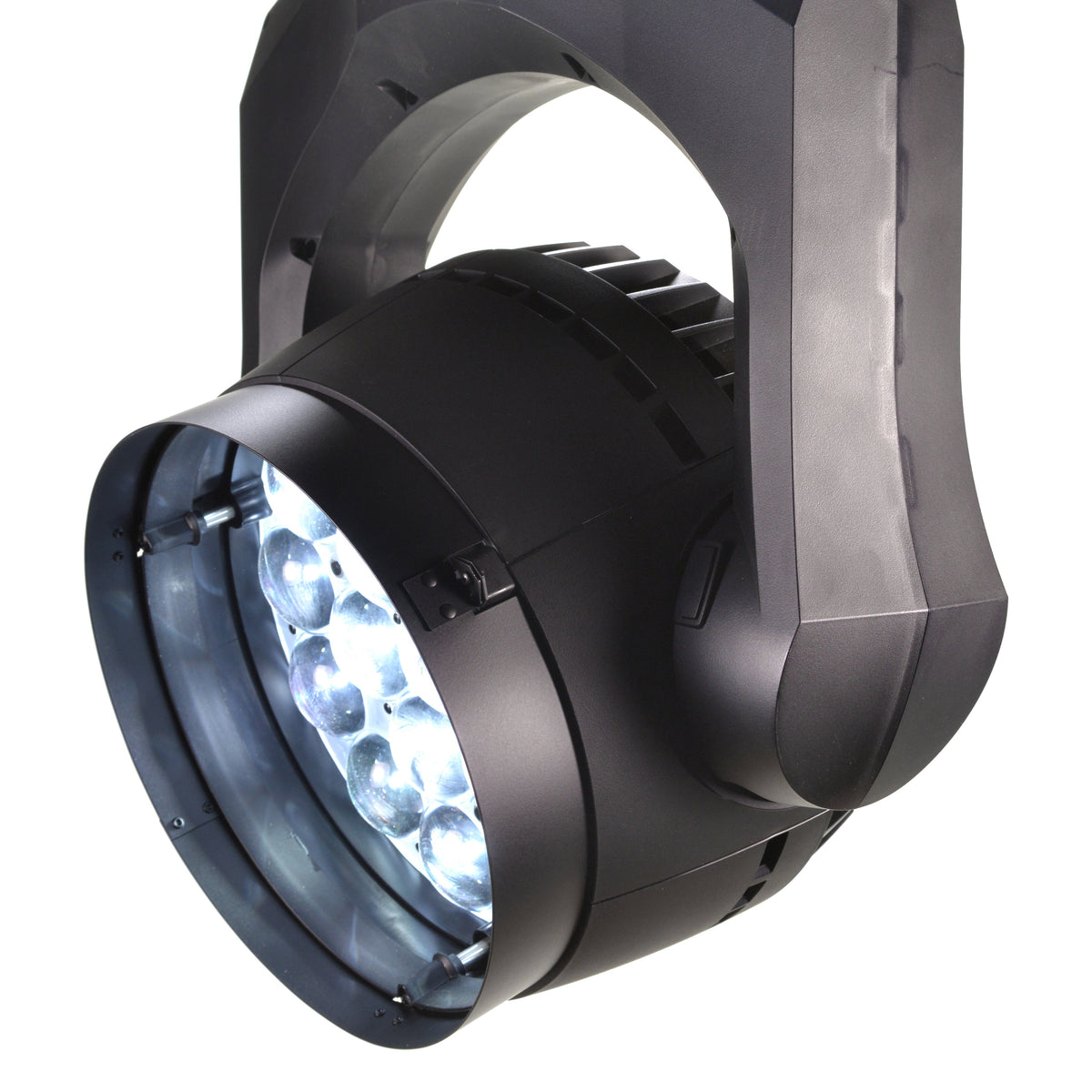 CITTHE 2774 top hat snoot left-facing view mounted on a black LED wash moving head with visible lens array, City Theatrical