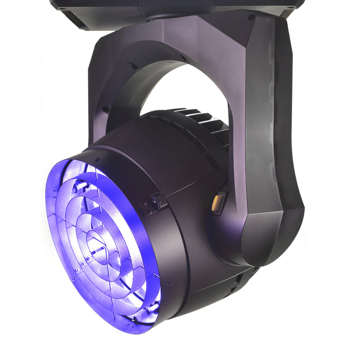 CITTHE 2775 concentric ring top hat mounted on a moving head wash fixture, three-quarter view with blue output illuminating the nested rings, City Theatrical