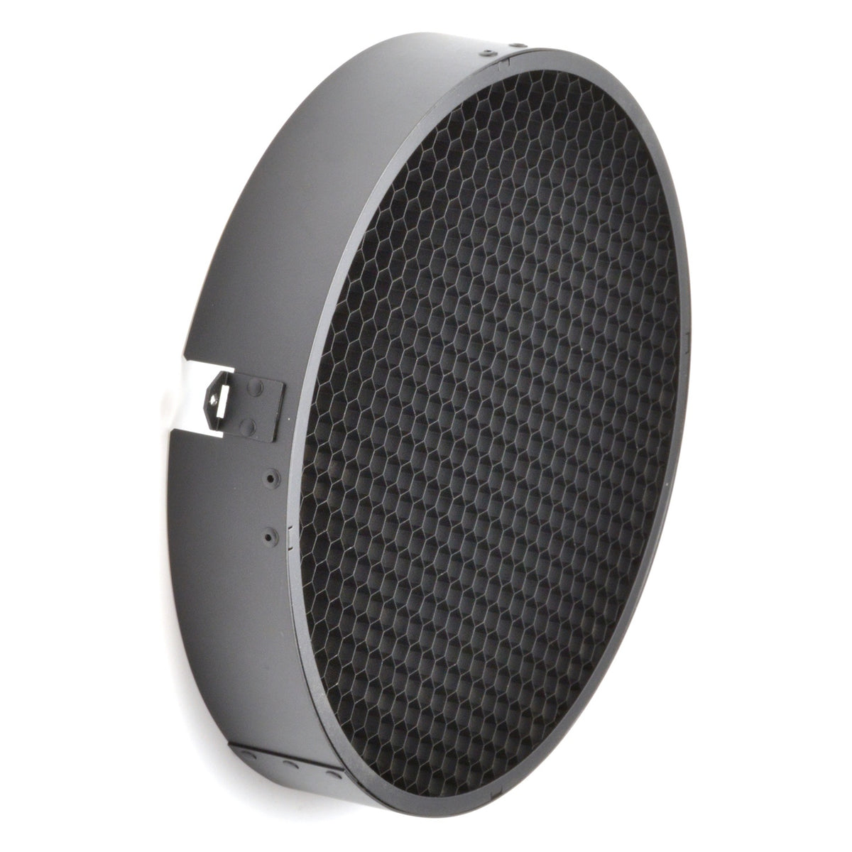 2787 MAC Aura PXL Hexcel Louver angled front view showing black honeycomb grid in round housing with side mounting clip, City Theatrical