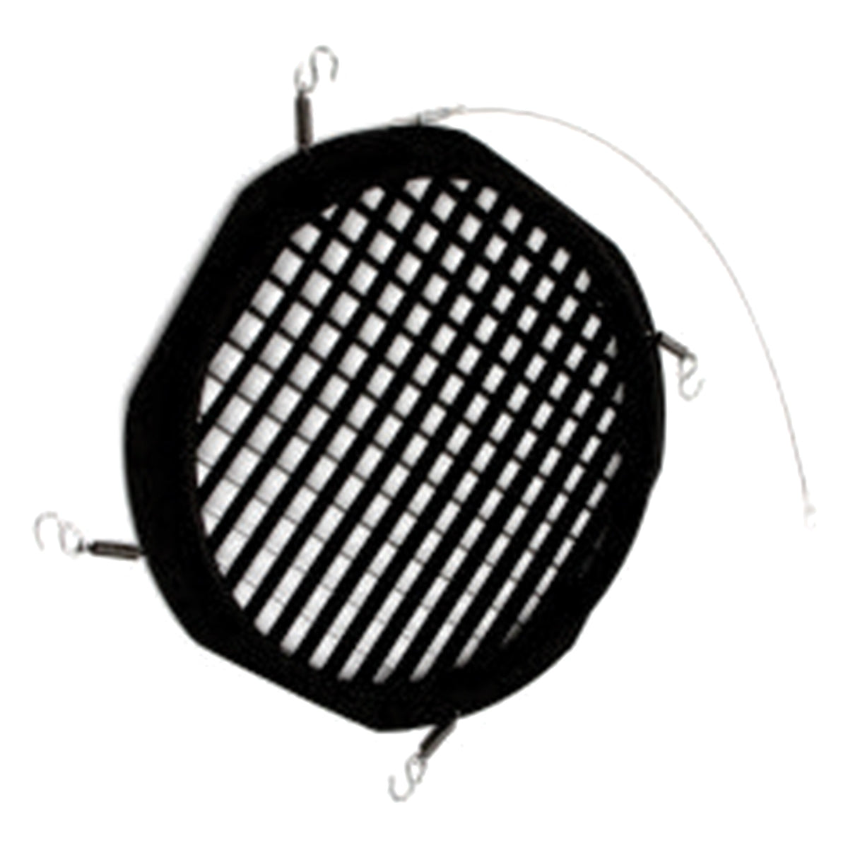 2793 MAC Aura egg crate louver front view showing black honeycomb grid with four mounting spring hooks and safety cable, City Theatrical