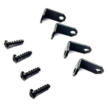 104-00117 Mac Aura accessory mount kit contents showing four black angled clips and four mounting screws, City Theatrical