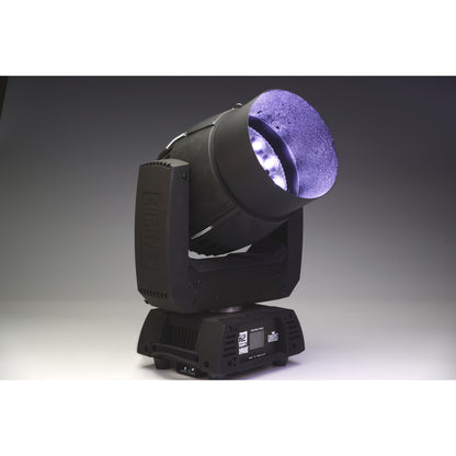 CITTHE 2670 top hat fitted to a Chauvet Rogue R2 Wash moving head tilted forward with LED array lit, City Theatrical