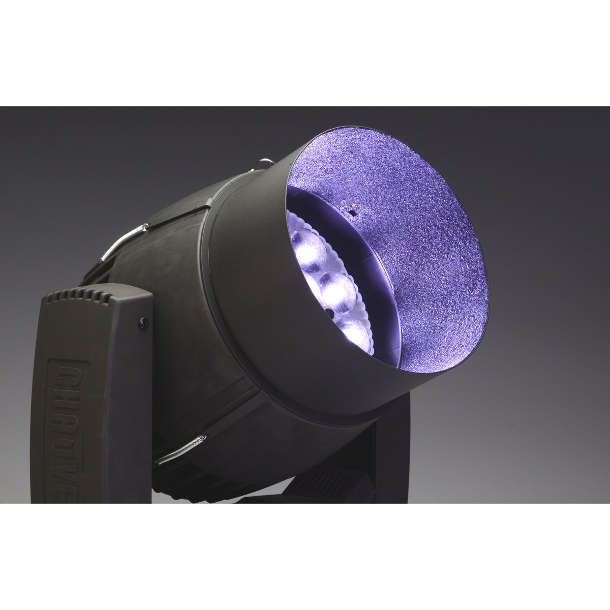 CITTHE 2670 top hat close-up on Rogue R2 Wash head showing textured interior ring and illuminated LED lenses, City Theatrical