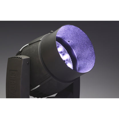 CITTHE 2670 top hat close-up on Rogue R2 Wash head showing textured interior ring and illuminated LED lenses, City Theatrical