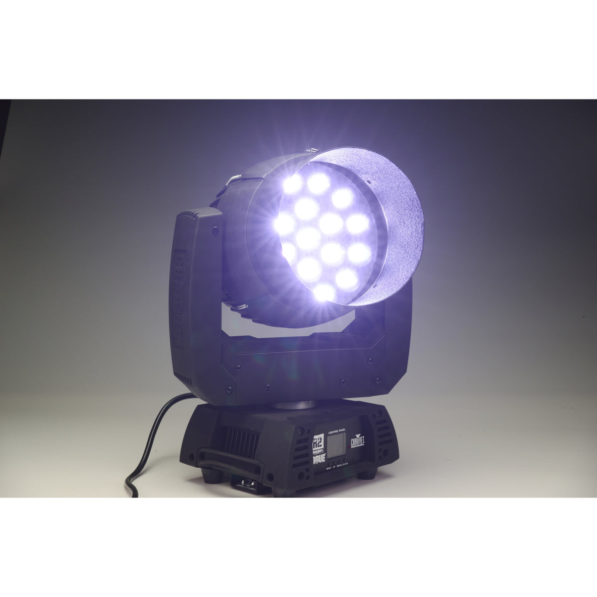 CITTHE 2670 top hat on Rogue R2 Wash front view with 12 white LEDs at full output, City Theatrical