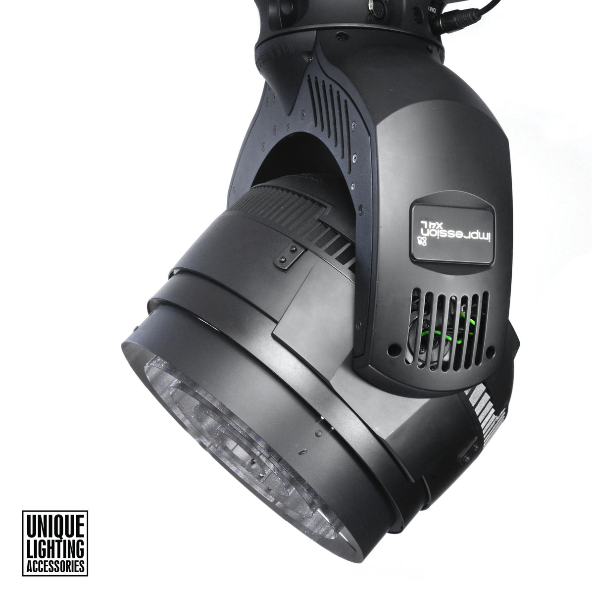 Concentric Rings installed on a truss-hung GLP impression X4 L moving head, shown from below on white background, City Theatrical
