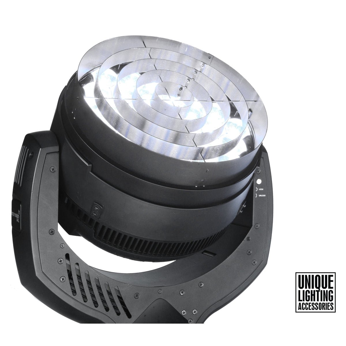Concentric Rings fitted to a free-standing GLP impression X4 moving head with LEDs illuminated through the ring array, City Theatrical