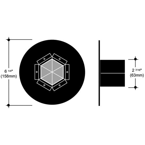 Image Multiplexer 1450 dimensional line drawing showing 6 1/4 in (158 mm) round body and 2 7/16 in (63 mm) depth, City Theatrical
