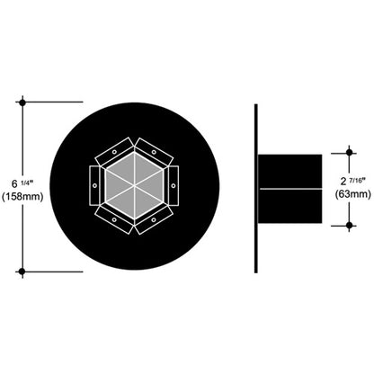 Image Multiplexer 1450 dimensional line drawing showing 6 1/4 in (158 mm) round body and 2 7/16 in (63 mm) depth, City Theatrical
