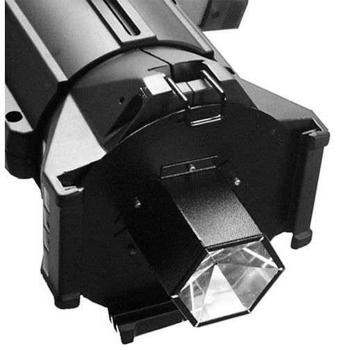 Image Multiplexer 1450 mounted in front of an ellipsoidal fixture lens barrel with faceted prism assembly exposed, City Theatrical