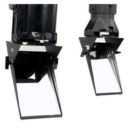 1401 Beam Bender mirror accessories shown mounted on two ellipsoidal fixtures in angled side view, City Theatrical