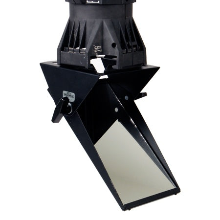 1401 Beam Bender attached to fixture barrel showing angled front-surface mirror and locking knob, City Theatrical