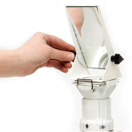 1402 Mini Beam Bender mounted to a white fixture with hand adjusting the angled mirror and black locking knob, City Theatrical