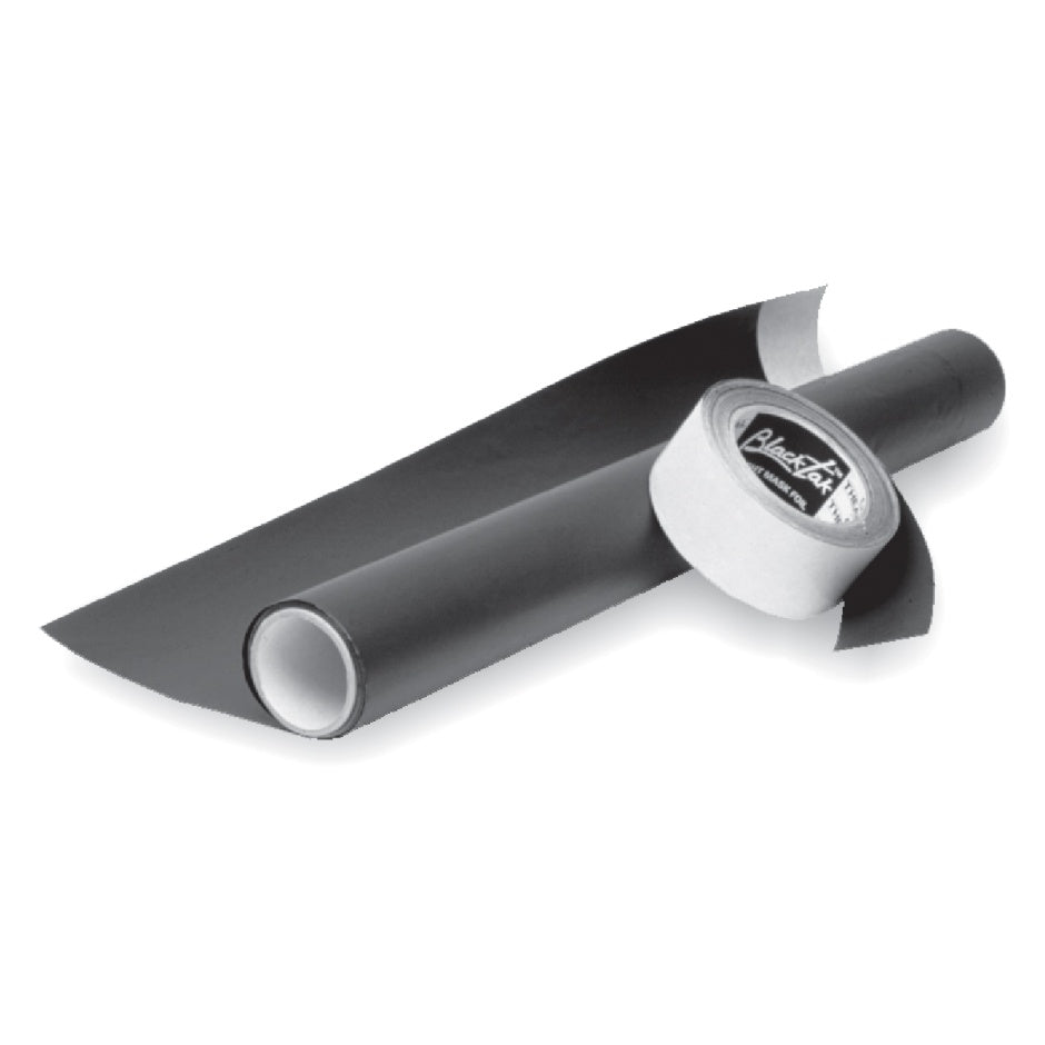 BlackTak 3624 matte black light-blocking foil shown as a partially unrolled wide roll with narrow labeled tape roll, City Theatrical