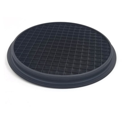 2585 D60 egg crate louver angled flat view showing black square cell grid set in round rolled-edge frame, City Theatrical
